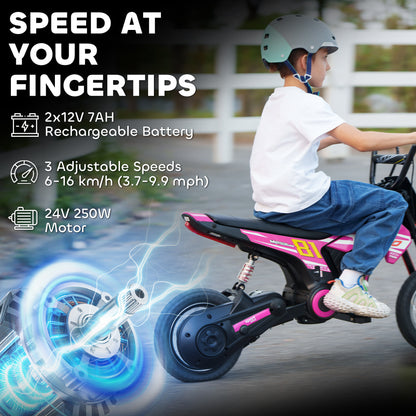Kids Electric Motorbike, 24V Ride On Motorcycle with 3 Speeds and Rear Suspension, Dirt Bike for 8-12 Years Old, Pink