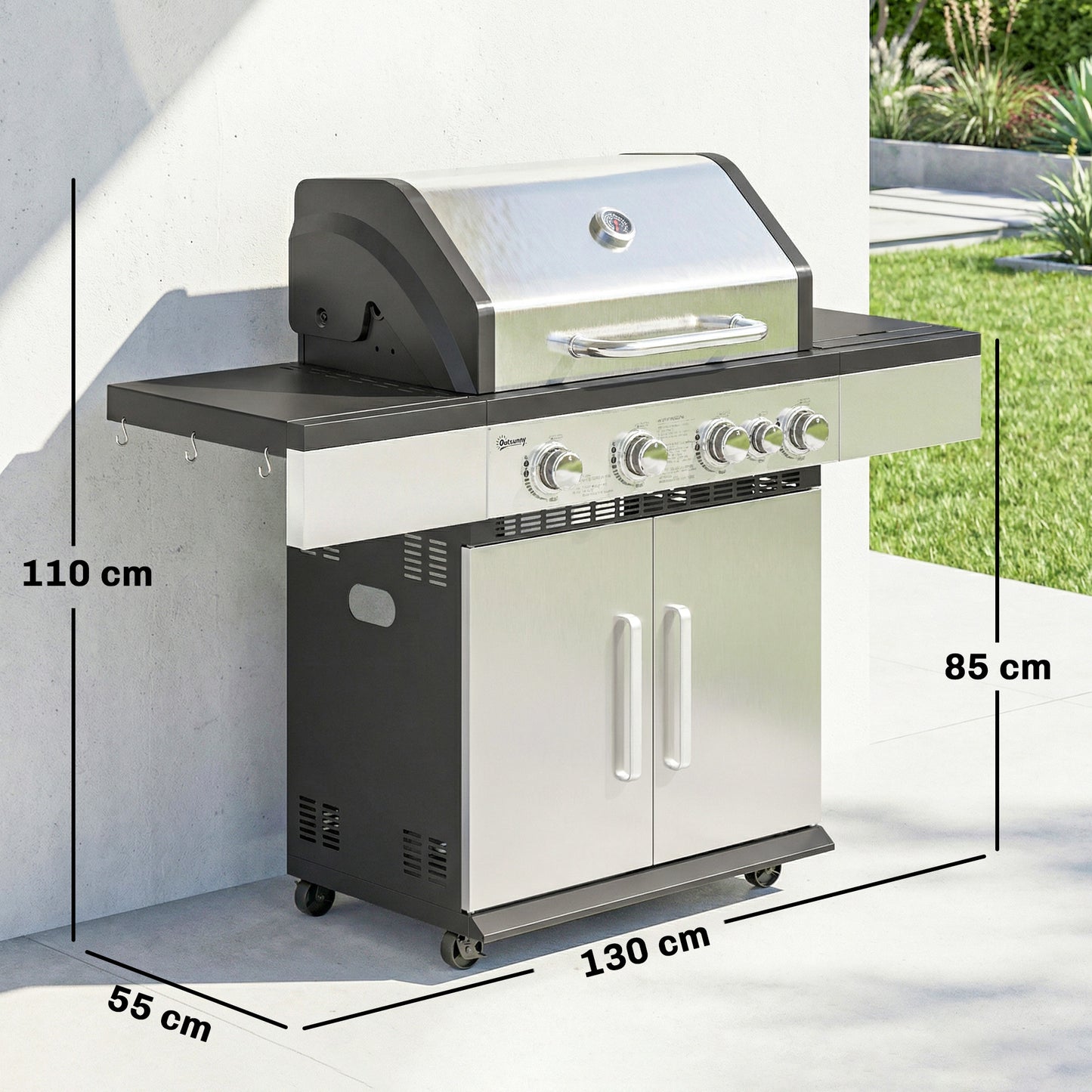 4+1 Burner Gas BBQ Grill, Portable Gas Barbecue Grill with Side Burner, Warming Rack, Side Shelf, Storage Cabinet