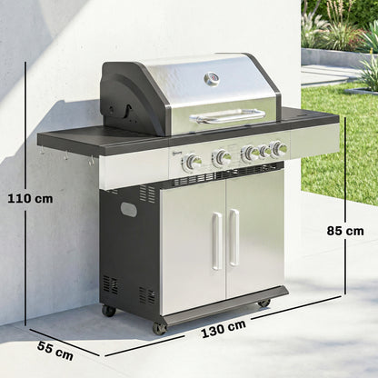 4+1 Burner Gas BBQ Grill, Portable Gas Barbecue Grill with Side Burner, Warming Rack, Side Shelf, Storage Cabinet