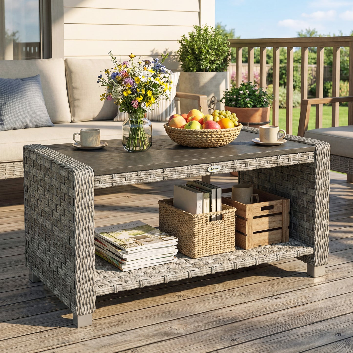 Outdoor Coffee Table with Storage Shelf, PE Rattan Side Table with Slatted Top and Foot Pads, Grey