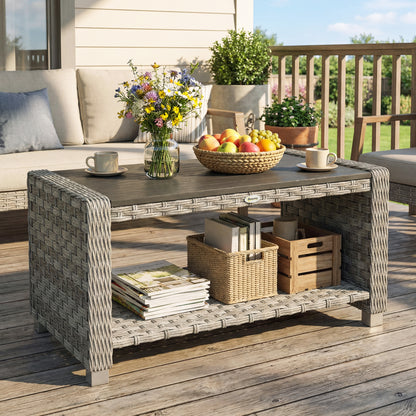 Outdoor Coffee Table with Storage Shelf, PE Rattan Side Table with Slatted Top and Foot Pads, Grey