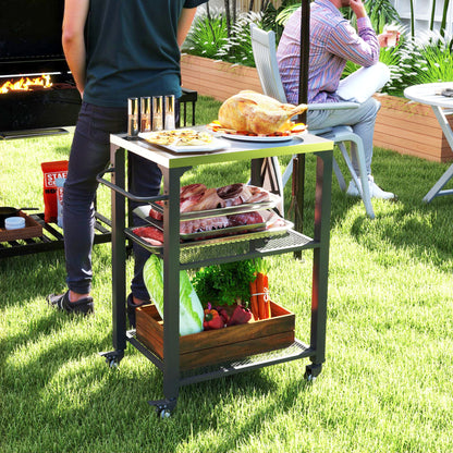 Three-Shelf Outdoor Grill Cart with Stainless Steel Top, Outdoor Kitchen Island with 4 Wheels, 3 Hooks