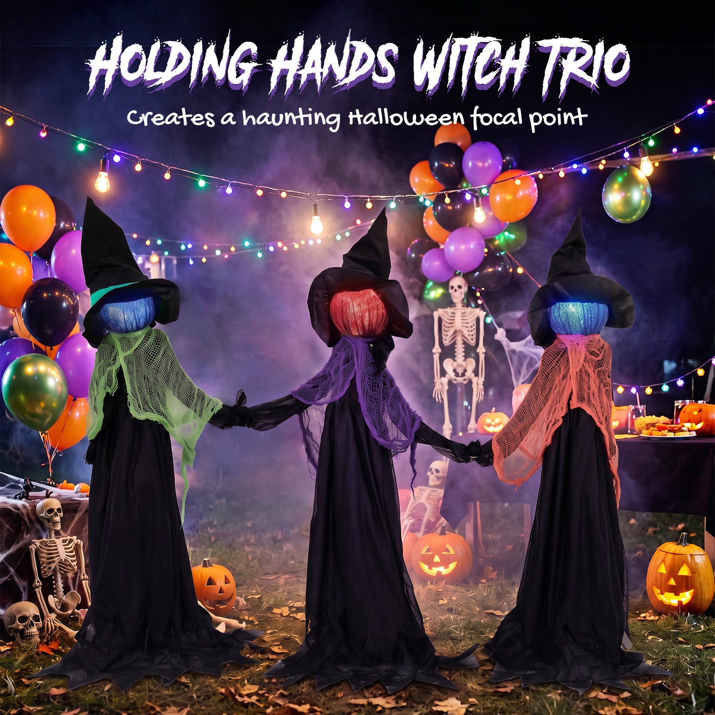 120cm Witches Holding Hands Halloween Decorations Outdoor Indoor, Scary Halloween Witch Decor with Light-Up Heads