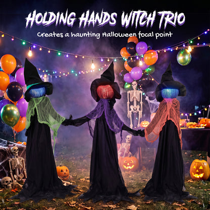 120cm Witches Holding Hands Halloween Decorations Outdoor Indoor, Scary Halloween Witch Decor with Light-Up Heads