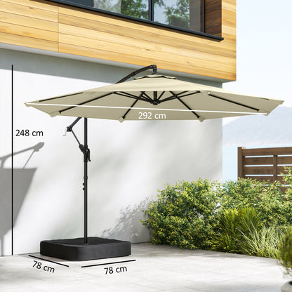3 m Garden Cantilever Parasol with Cross Base, Sandbag, 360° Rotating Overhanging Banana Umbrella, Beige