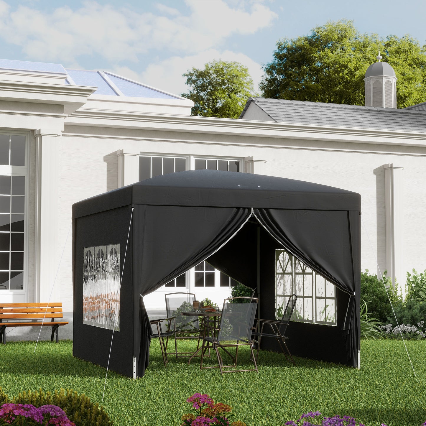 3x3(m) Pop-Up Gazebo, with Curtain Walls and Windows, Black