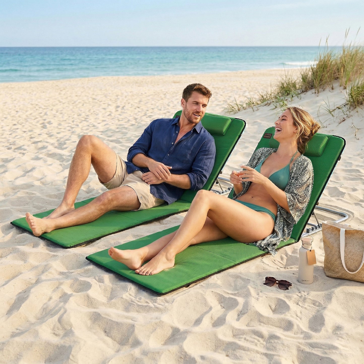 Set of Two Metal Frame Beach Chairs, with Reclining Backs - Green