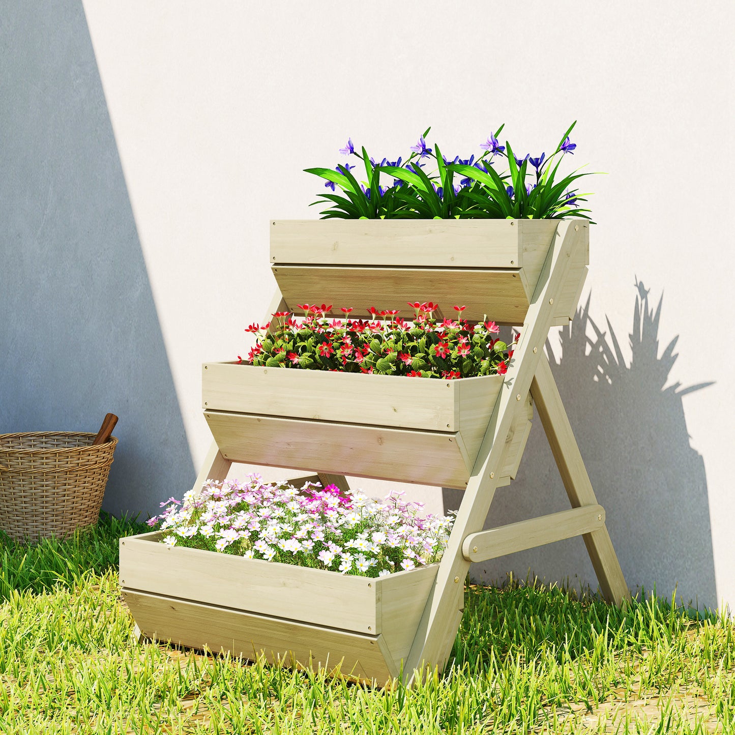 3 Tier Raised Garden Bed Wooden Elevated Planter Box Kit, 66L for Flower, Vegetable, Herb, 65x75x78cm, Green