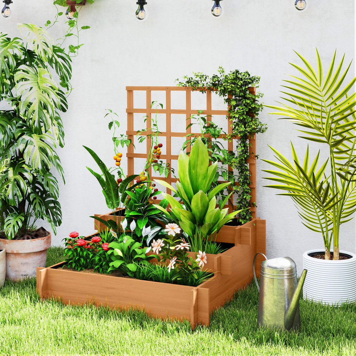 3 Tier Garden Planters with Trellis for Vine Climbing, Wooden Raised Beds, 95x95x110cm, Brown