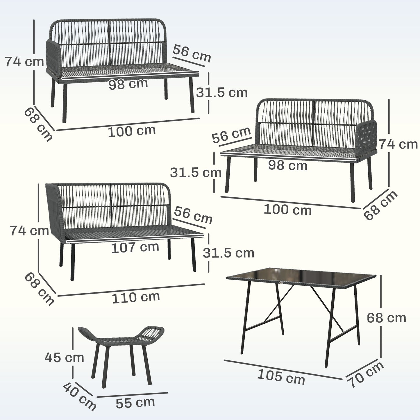 6 Piece Rattan Garden Furniture Set, 8 Seater Garden Corner Sofa with Cushions and Glass Top Table, Orange