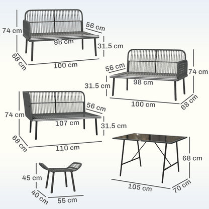 6 Piece Rattan Garden Furniture Set, 8 Seater Garden Corner Sofa with Cushions and Glass Top Table, Orange