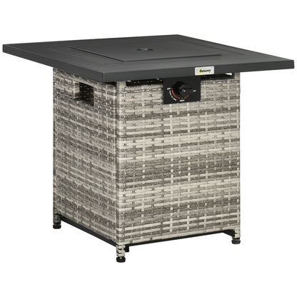 Outdoor PE Rattan Gas Fire Pit Table, Patio Square Propane Heater with Rain Cover, Mesh Lid and Lava Stone, 40,000 BTU