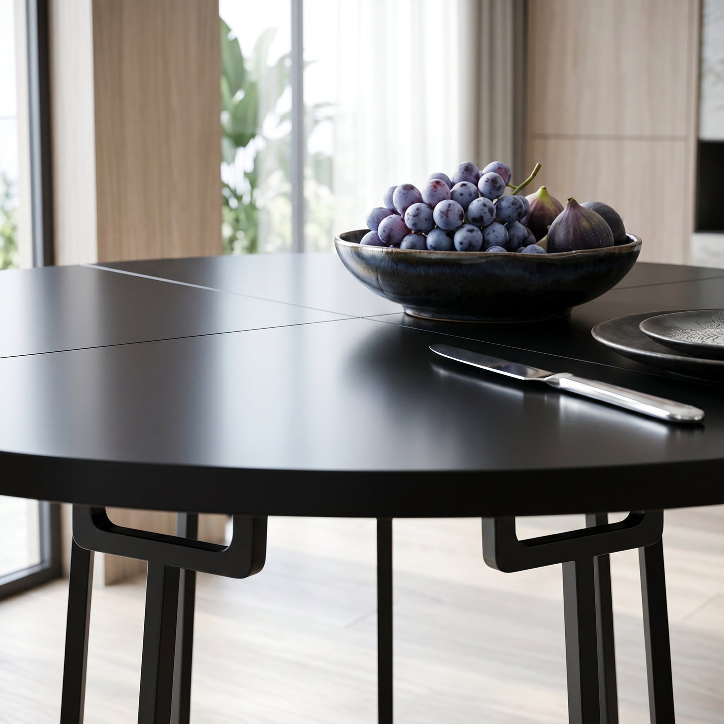 Dining Table Space Saving Kitchen Table Spliced Tabletop Conical Metal Base 120 cm Round Black