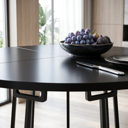 Dining Table Space Saving Kitchen Table Spliced Tabletop Conical Metal Base 120 cm Round Black