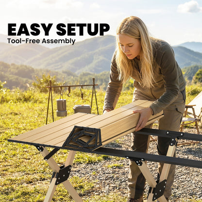 4ft Folding Camping Table, Waterproof Picnic Table with Roll Up Top, Carrying Bag and Metal Frame, Dark Brown