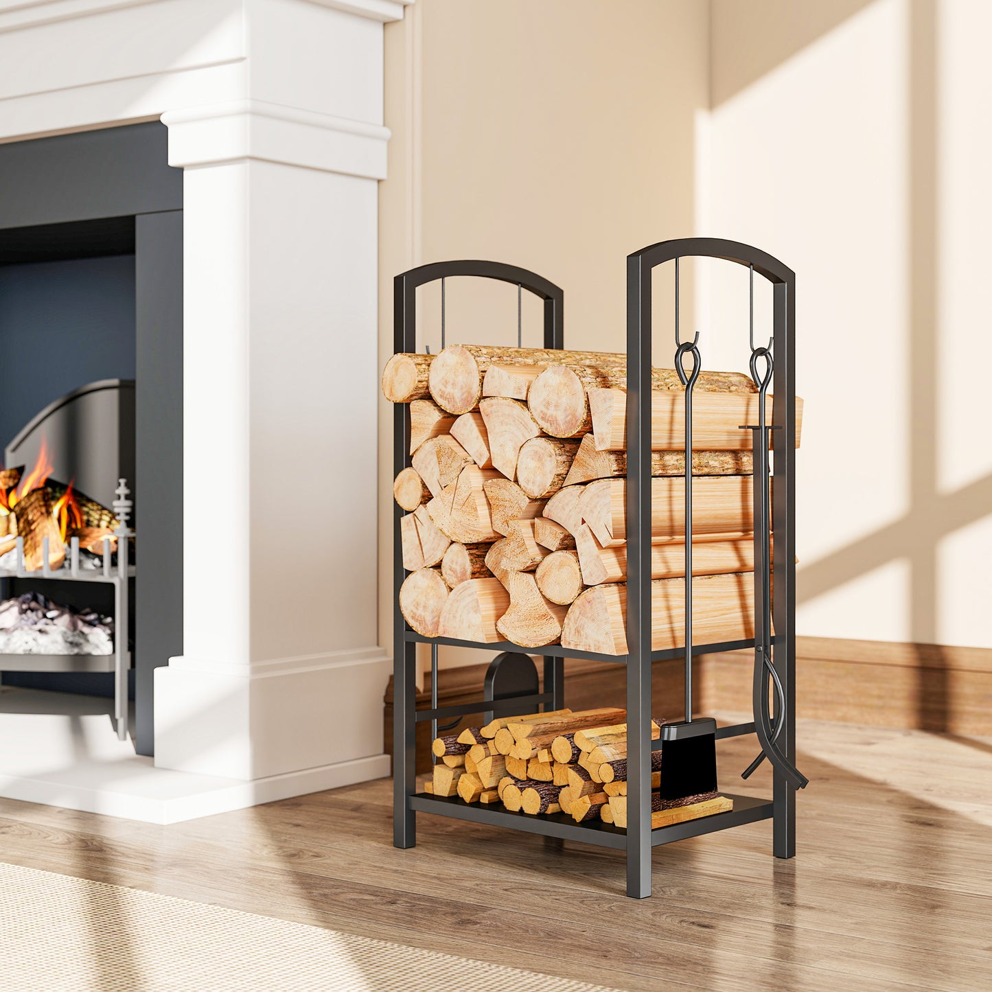 Metal Firewood Log Holder 2 Layer Firewood Rack Indoor Outdoor Fireplace Wood Storage Shelf with 4 Tools and Hooks, Black
