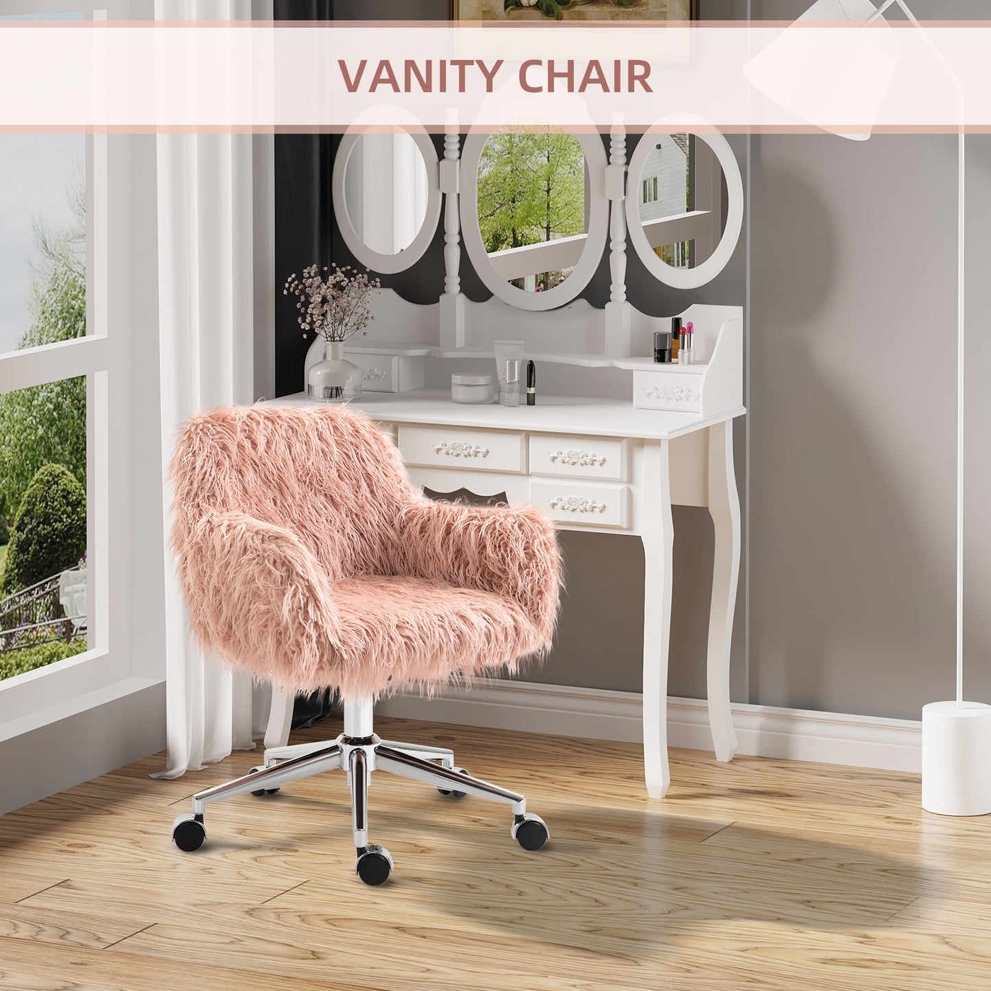 Faux Fur Desk Chair, Rolling Swivel Makeup Chair with Adjustable Height, Armrets for Home Office, Bedroom, Pink