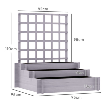 3 Tier Garden Planters with Trellis for Vine Climbing, Wooden Raised Beds, 95x95x110cm, Grey