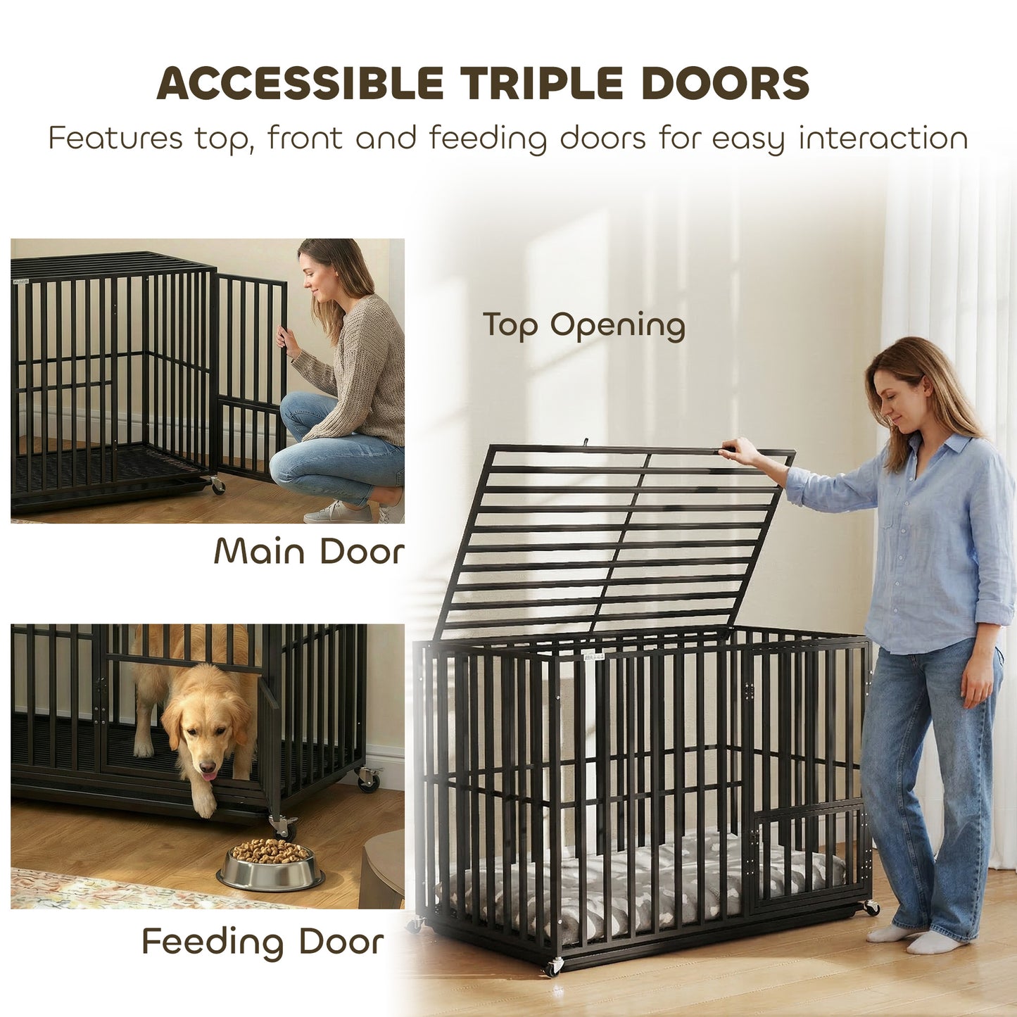 Heavy Duty Dog Crate, Dog Cage with Wheels for Medium Large Breeds, Metal Pet Kennel with Removable Tray