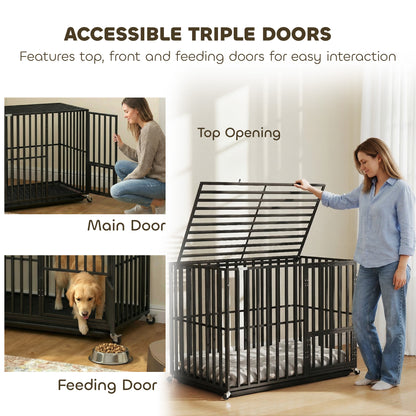 Heavy Duty Dog Crate, Dog Cage with Wheels for Medium Large Breeds, Metal Pet Kennel with Removable Tray