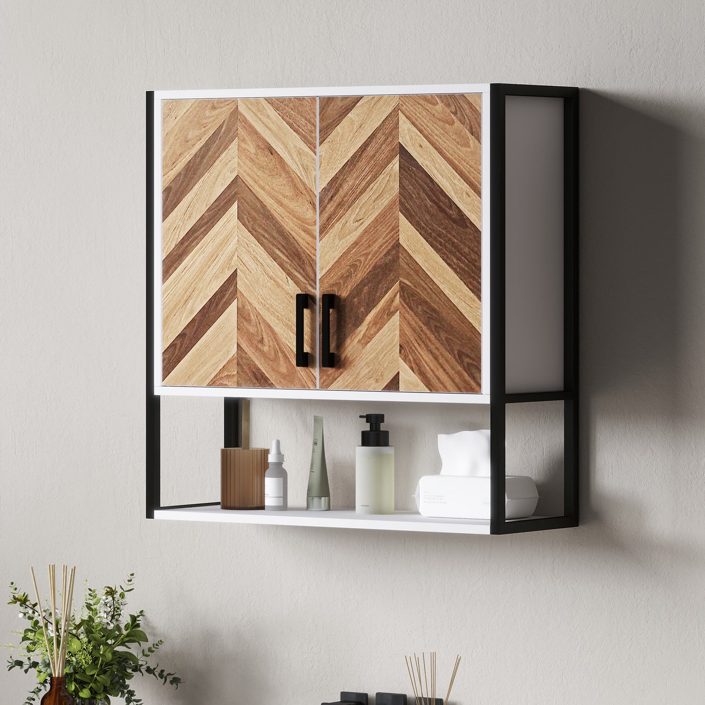 Bathroom Cabinet Wall Mounted, Bathroom Wall Cabinet Medicine Cabinet with 2 Doors, Adjustable Shelf, Walnut