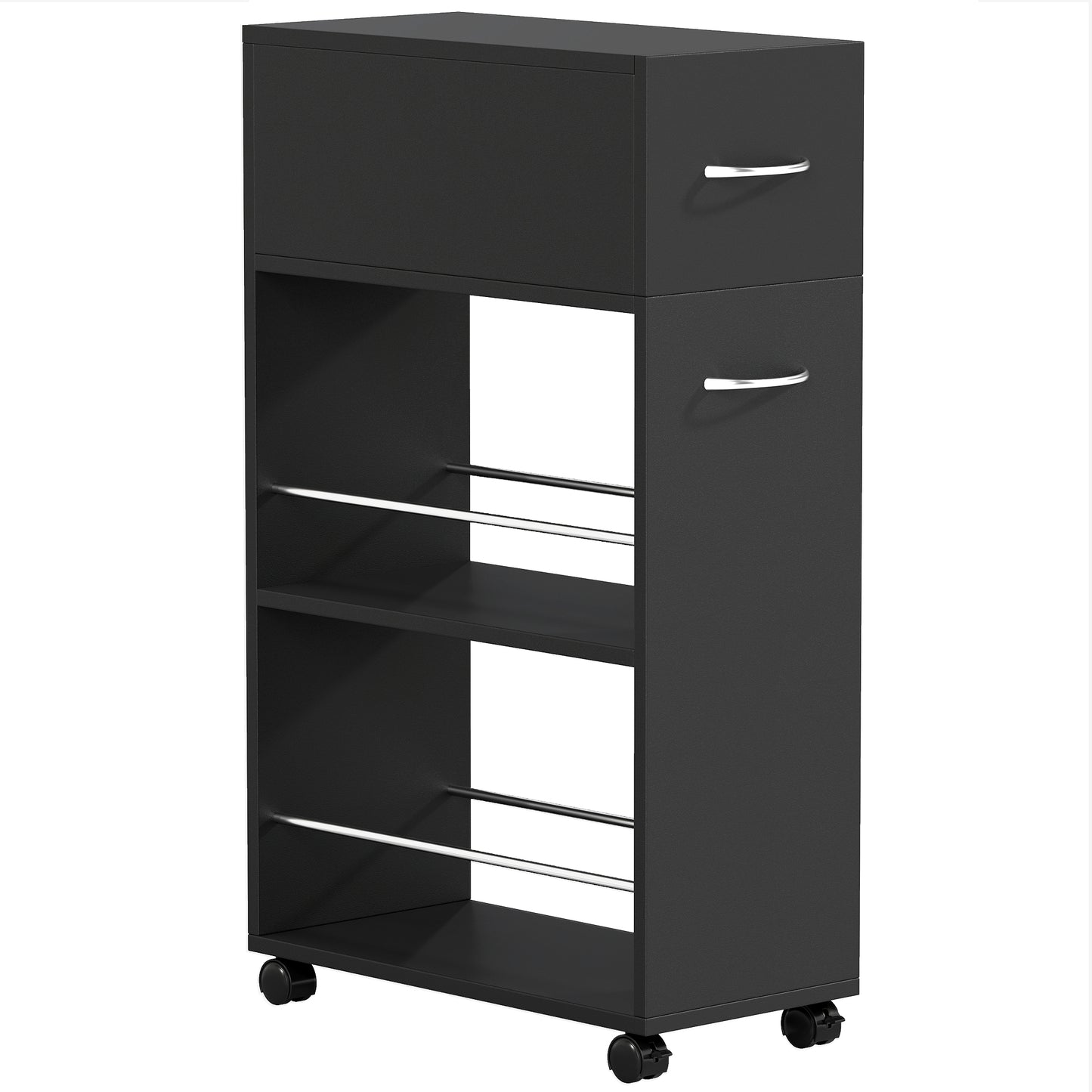 Rolling Storage Unit, 3-Tier Kitchen Cart Trolley with Drawer, Surface Top and 4 Universal Wheels, Black