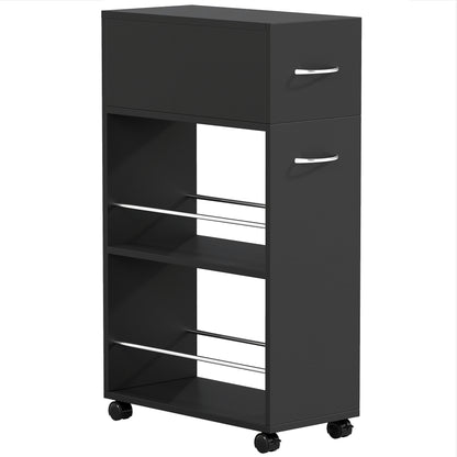 Rolling Storage Unit, 3-Tier Kitchen Cart Trolley with Drawer, Surface Top and 4 Universal Wheels, Black