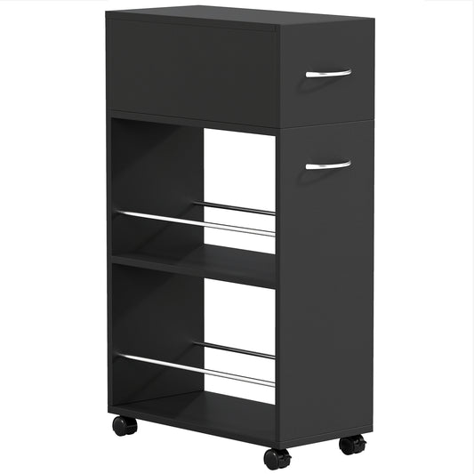 Rolling Storage Unit, 3-Tier Kitchen Cart Trolley with Drawer, Surface Top and 4 Universal Wheels, Black