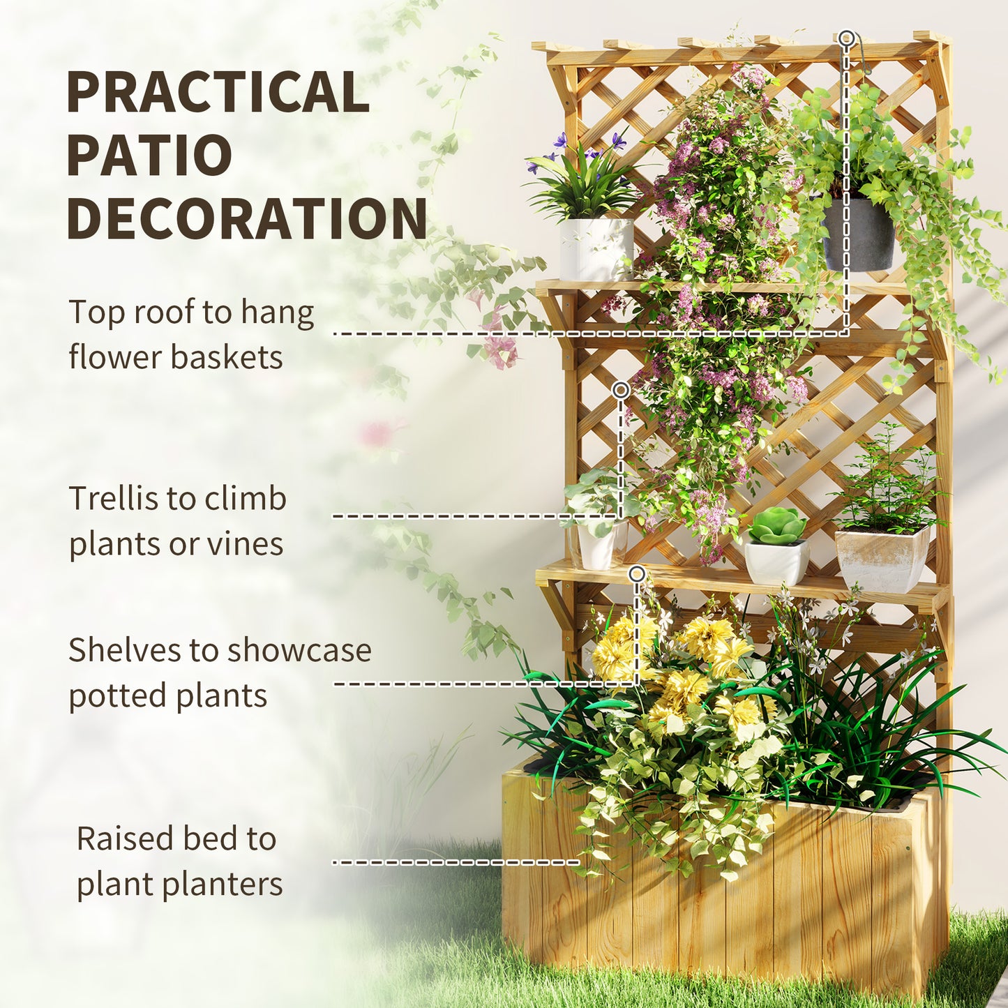 52L Wooden Planter, with Trellis and Shelves - Natural Finish