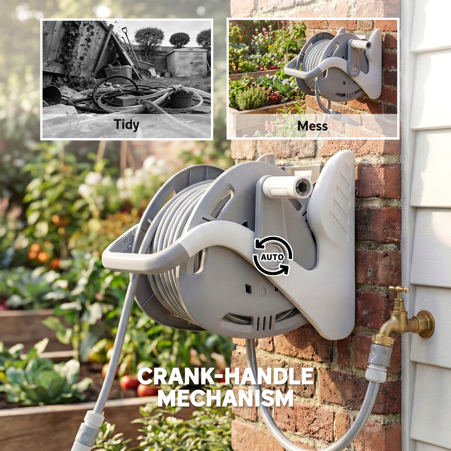 Portable Garden Hose Reel, 20+2 m Wall Mounted Hose Reel with 2 Patterns Spray Nozzle and Crank Handle, Grey