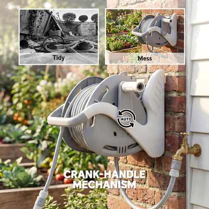 Portable Garden Hose Reel, 20+2 m Wall Mounted Hose Reel with 2 Patterns Spray Nozzle and Crank Handle, Grey