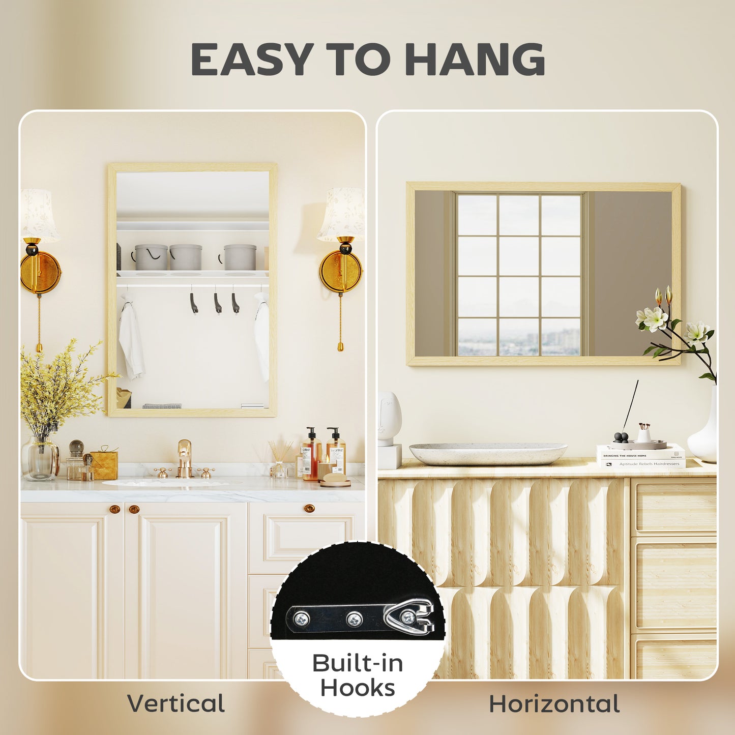 Wall Bathroom Mirror, 60 x 40 cm Wall-Mounted Mirror for Living Room, Bedroom, Hallway, Natural Wood Finish