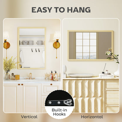 Wall Bathroom Mirror, 60 x 40 cm Wall-Mounted Mirror for Living Room, Bedroom, Hallway, Natural Wood Finish
