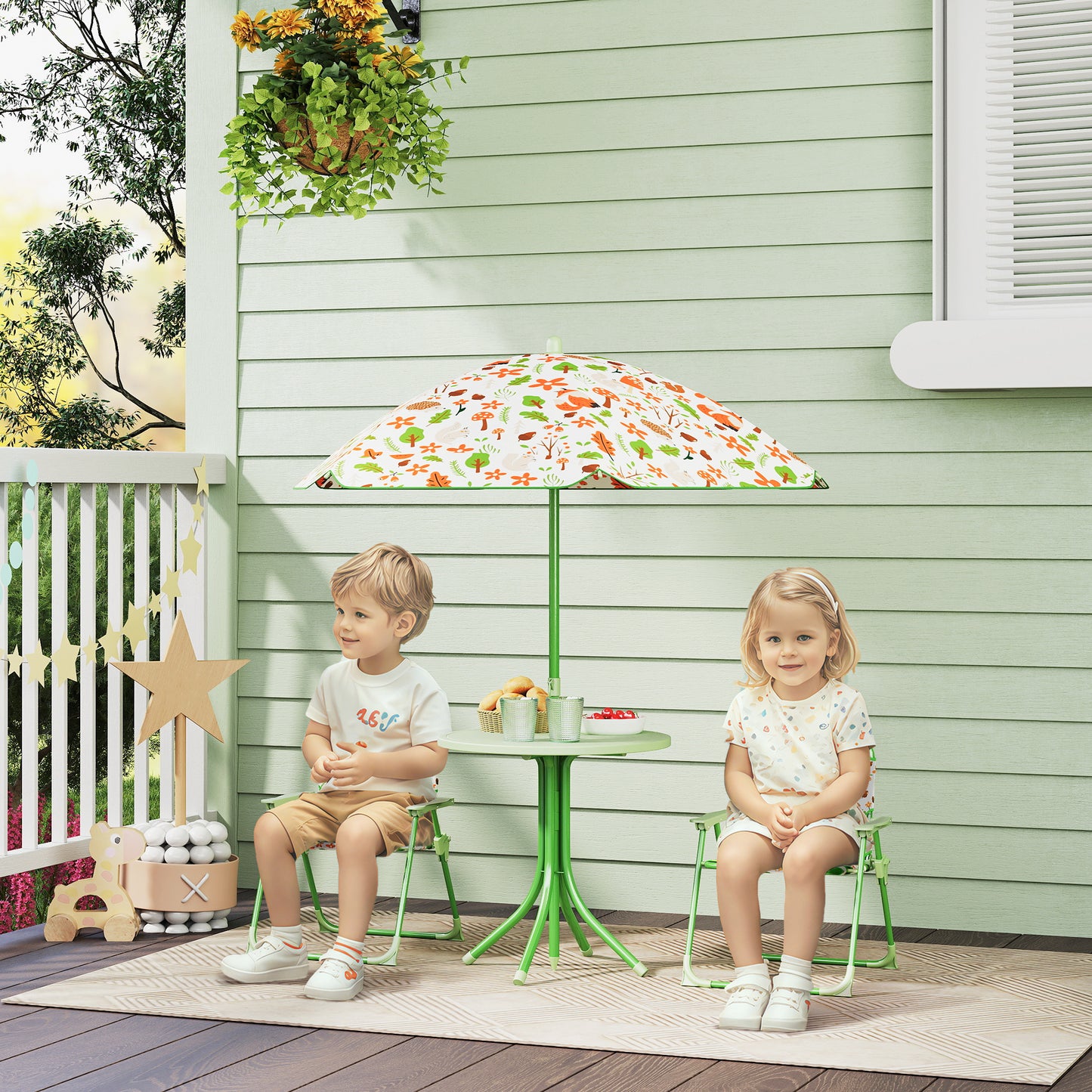4-Piece Kids Garden Table and Chair Set with Adjustable Parasol, Folding Chairs, Table, Nature Pattern, Green
