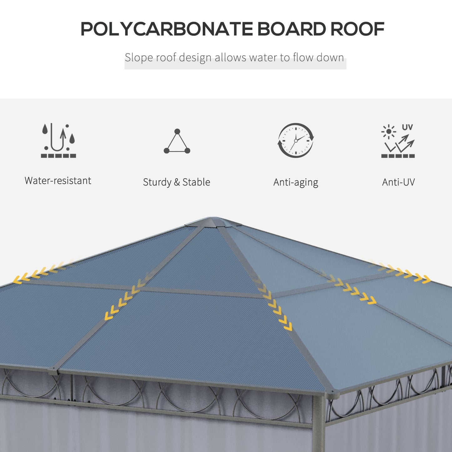 3 x 3(m) Hardtop Gazebo Canopy with Polycarbonate Roof, Permanent Pavilion Garden Gazebo with Curtains for Patio, Deck, Grey
