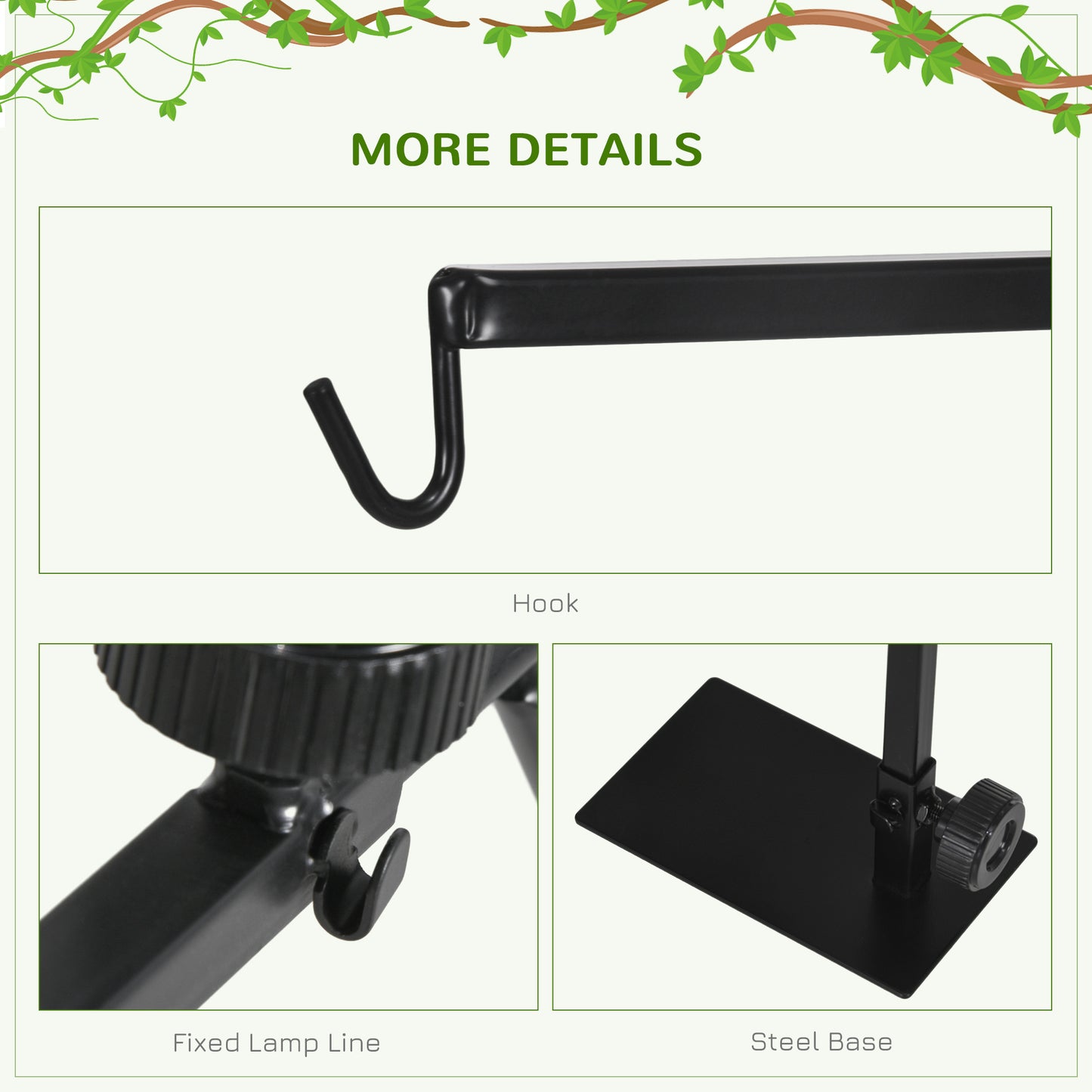 Adjustable Height and Length Reptile Lamp Stand Holder with Hook Hanging, Base - Black