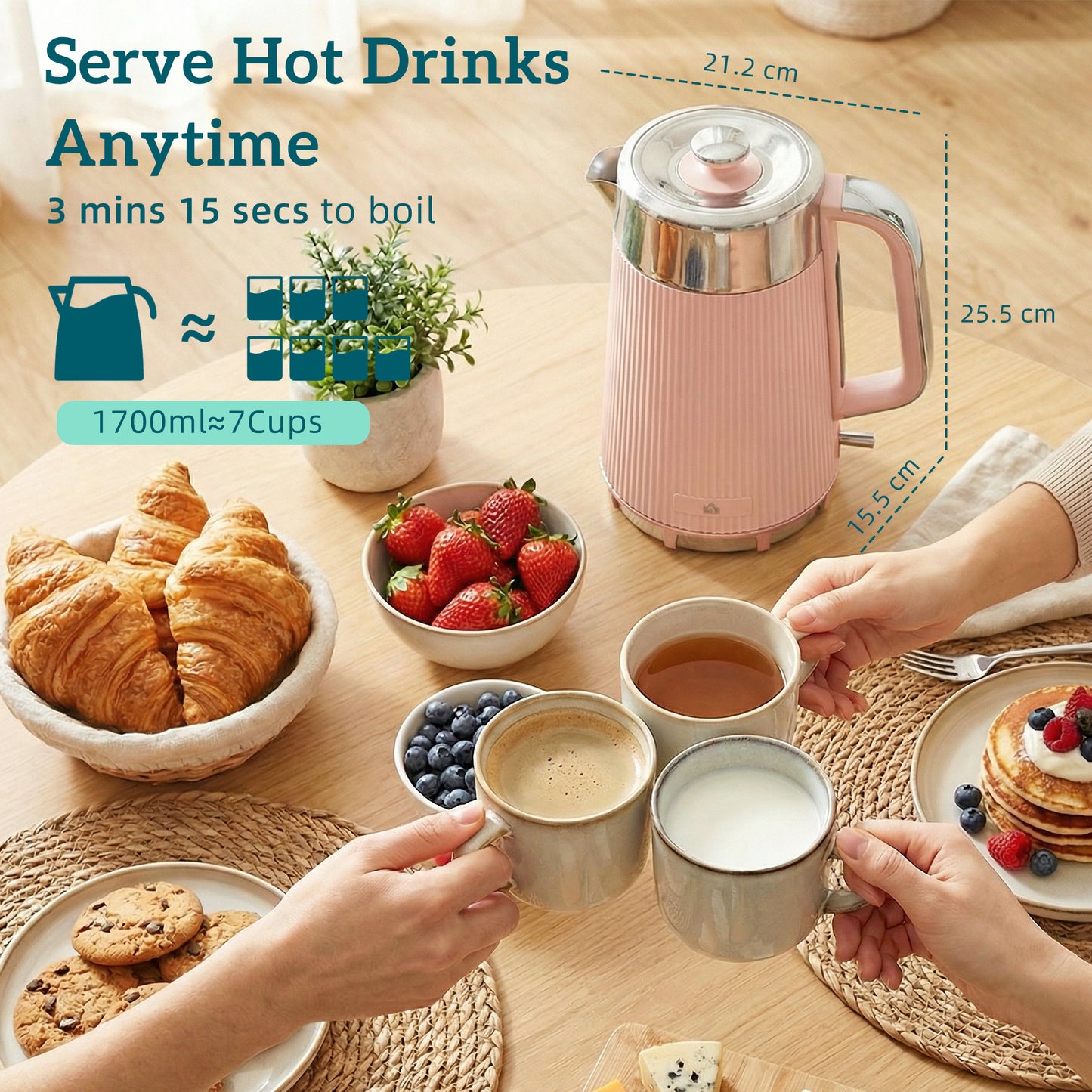 Electric Stainless Steel Kettle and Toaster Set, 3000W 1.7L UK Strix Thermostat Fast Boil Kettle Pink