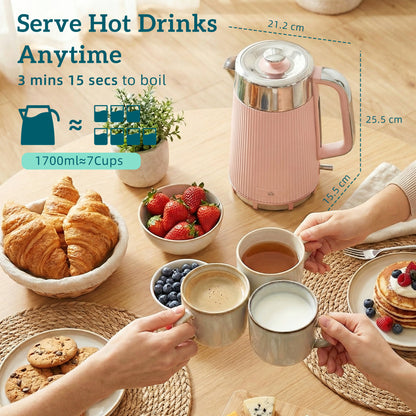 Electric Stainless Steel Kettle and Toaster Set, 3000W 1.7L UK Strix Thermostat Fast Boil Kettle Pink