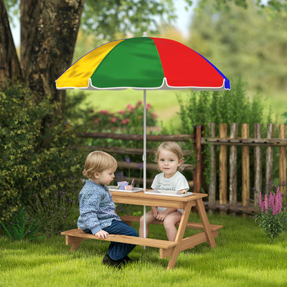 Kids Picnic Table, Sand and Water Table with Wooden Benches, Adjustable Parasol and Storage Bins, Multicolour
