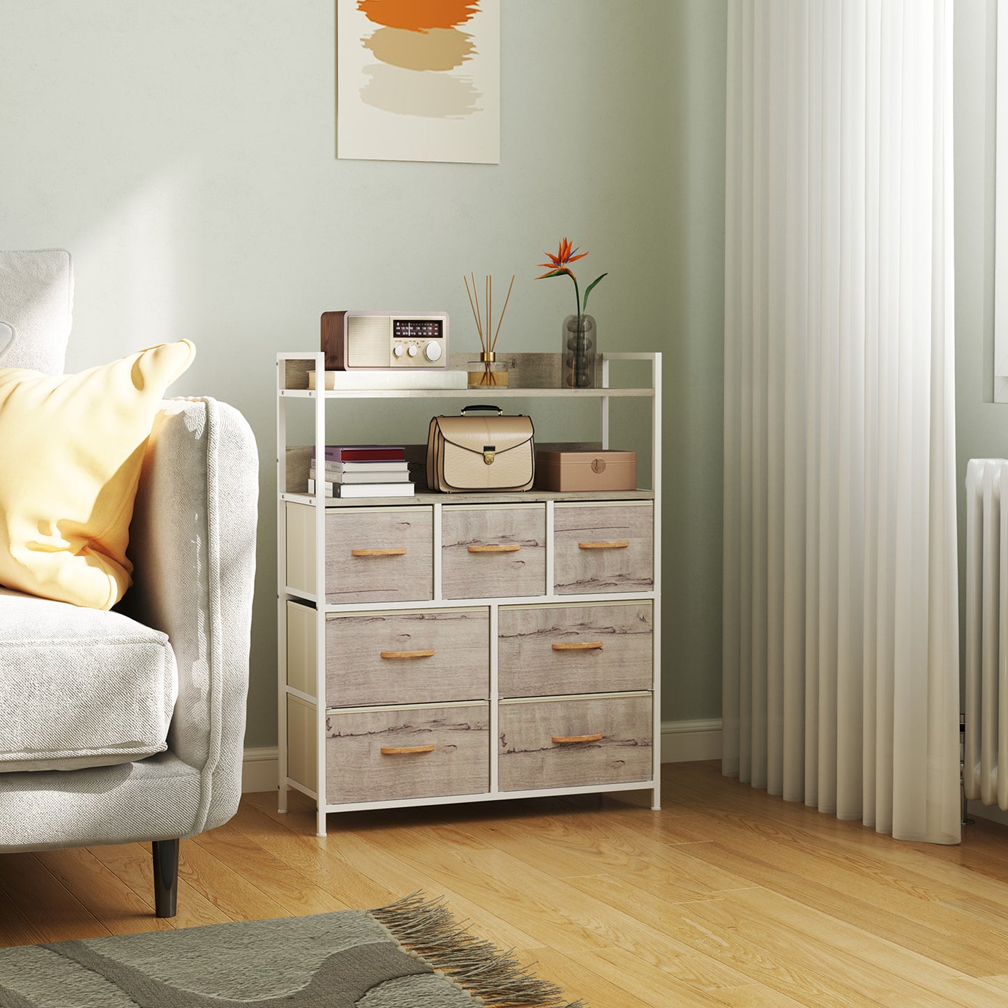 Rustic Chest of Seven Fabric Drawers - Natural Wood Finish