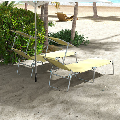 Folding Sun Lounger Set of 2 with Canopy, Reclining Sunbed with 4-Position Adjustable Backrest, 600D Oxford Cloth