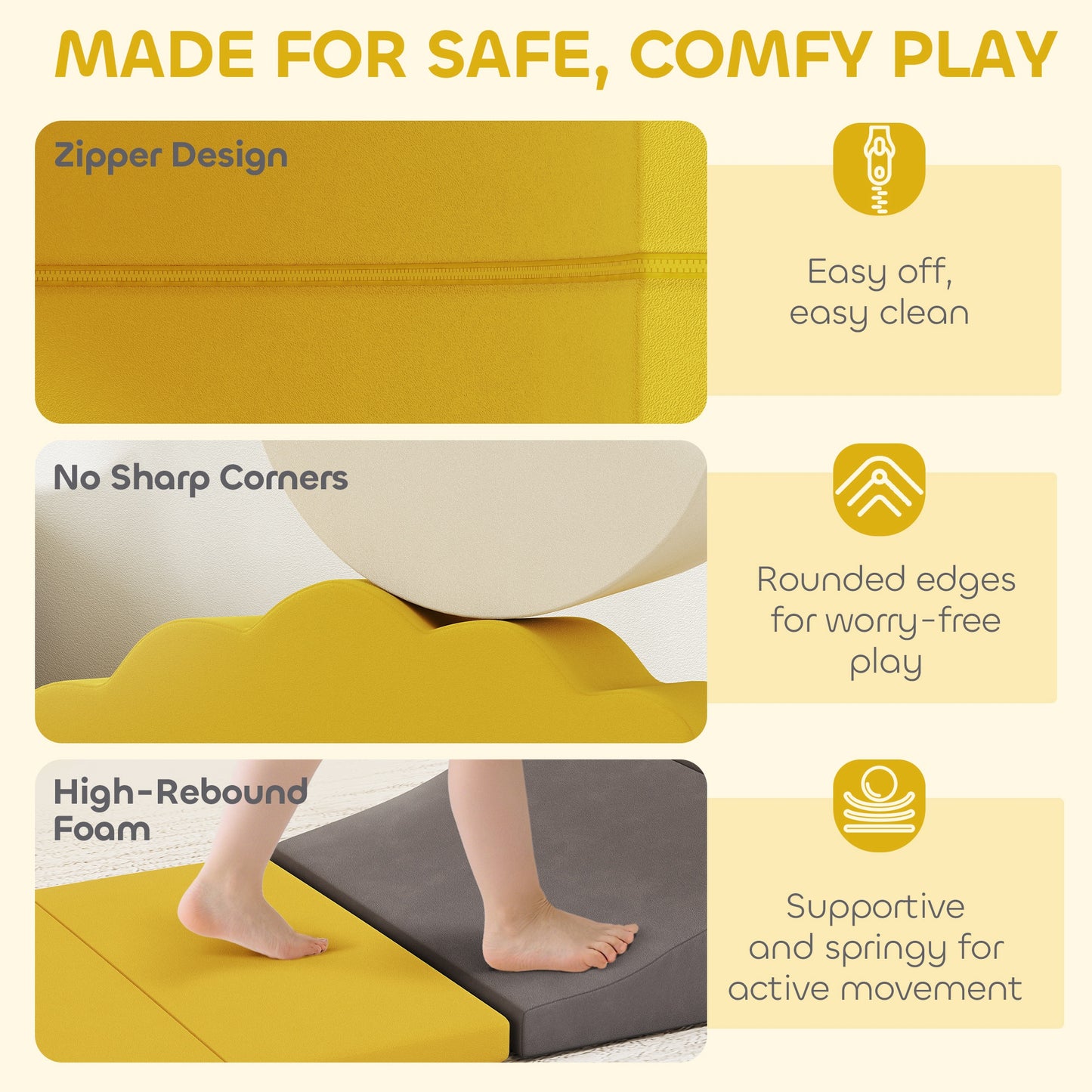 7 Piece Kids Soft Play Set with Detachable Cover, Baby Indoor Climb and Crawl Foam Toy for Toddlers, Yellow