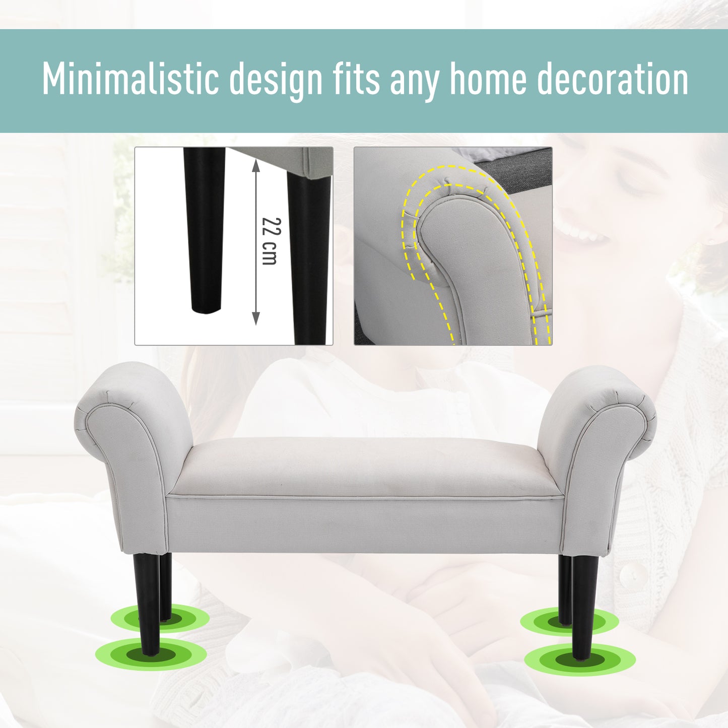 End of Bed Bench, Upholstered Window Seat with Arms and Wooden Legs, Modern Shoe Bench for Entryway, Living Room, Bedroom