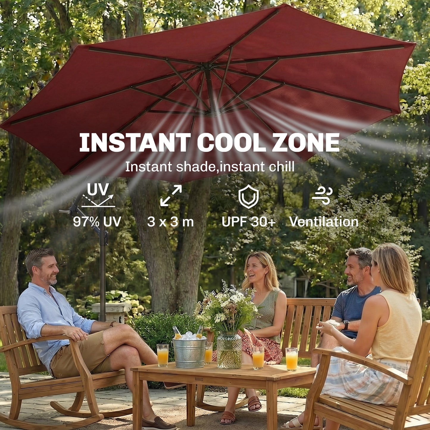 3 m Overhanging Cantilever Parasol, with Cross Base - Wine Red