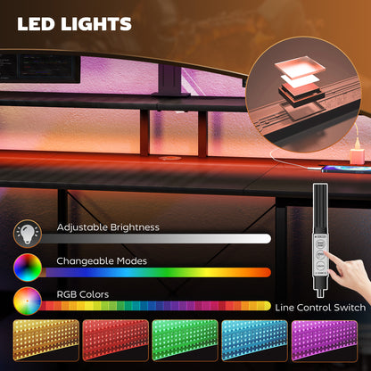 LED Computer Desk, with Power Outlets and Shelves - Carbon Fibre Grey