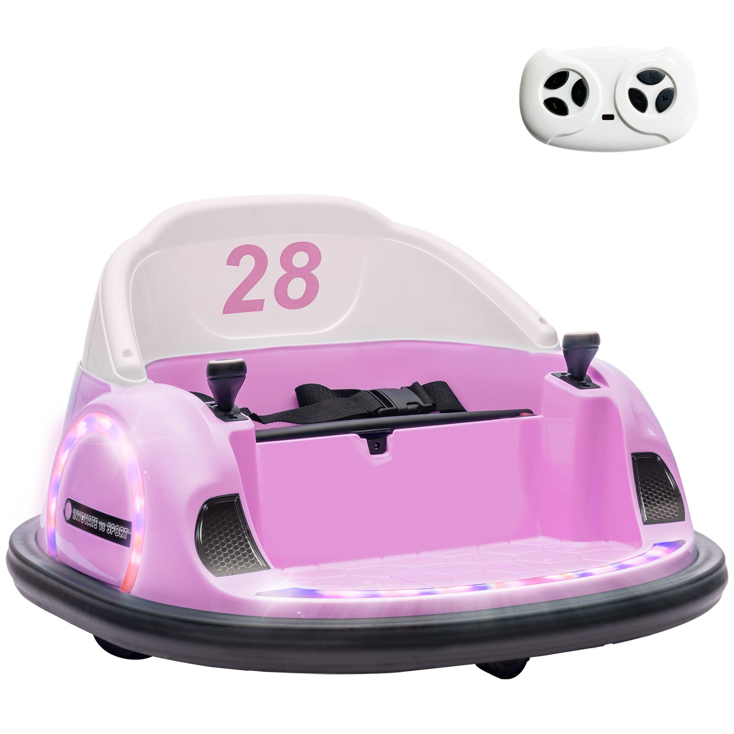360° Rotation Kids Bumper Car, 12V Waltz Car with Remote Control, Dual Joystick, Music, Lights, Pink