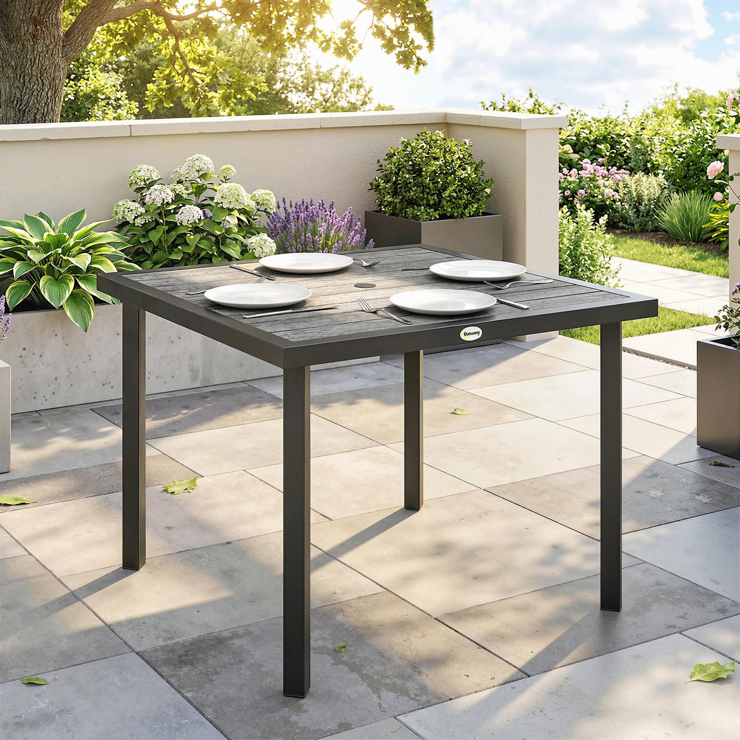 Square Garden Dining Table with Parasol Hole, Slatted Top, Metal Frame, 86 x 86 x 71 cm, Light Grey