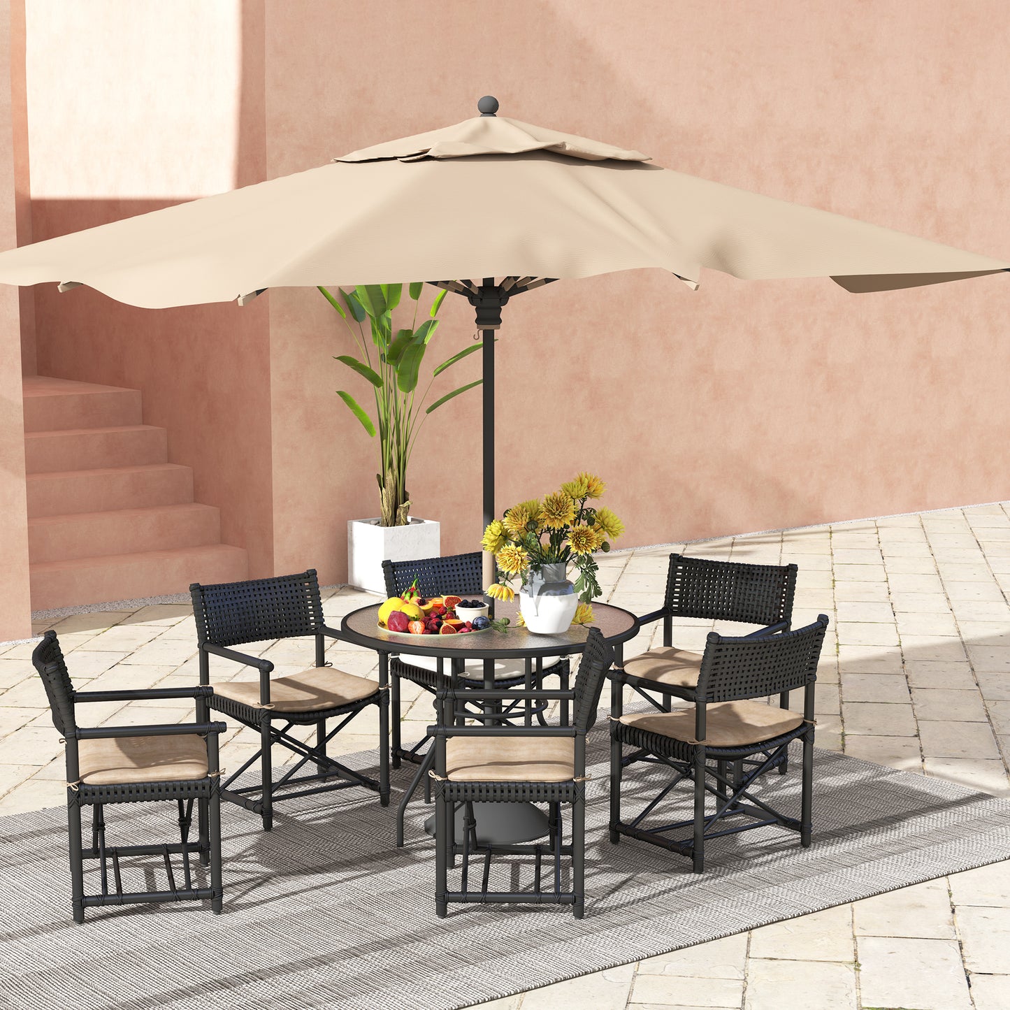 Glass-Top Garden Table, with Parasol Hole - Black