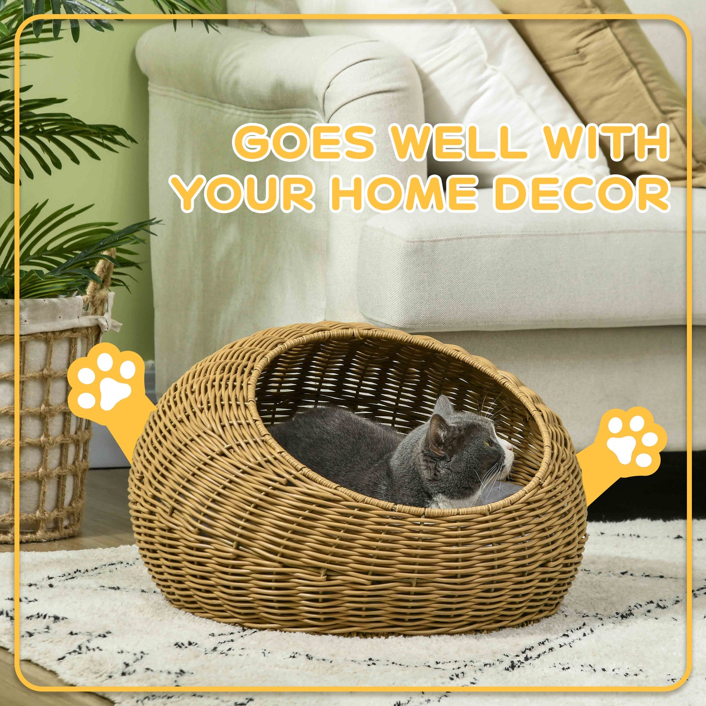 Wicker Cat House with Washable Cushion for Indoor Cats, Light Brown
