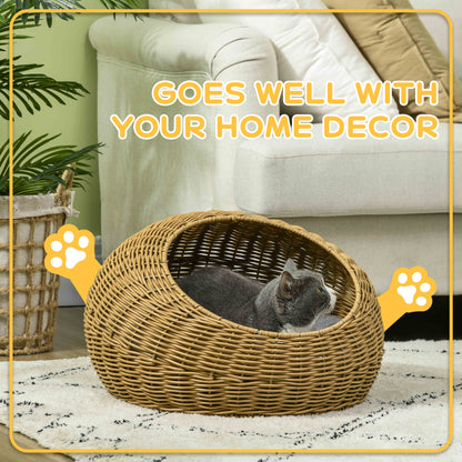 Wicker Cat House with Washable Cushion for Indoor Cats, Light Brown
